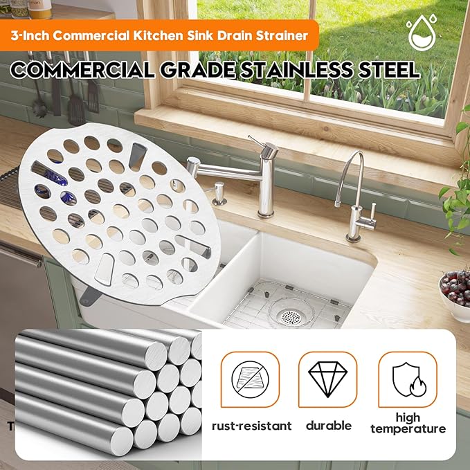 3-Inch Commercial Kitchen Sink Drain Strainer, Stainless Steel Flat Strainer, Replaces Twisted Waste Water Drain on 3-Compartment Sinks (3-Pack)