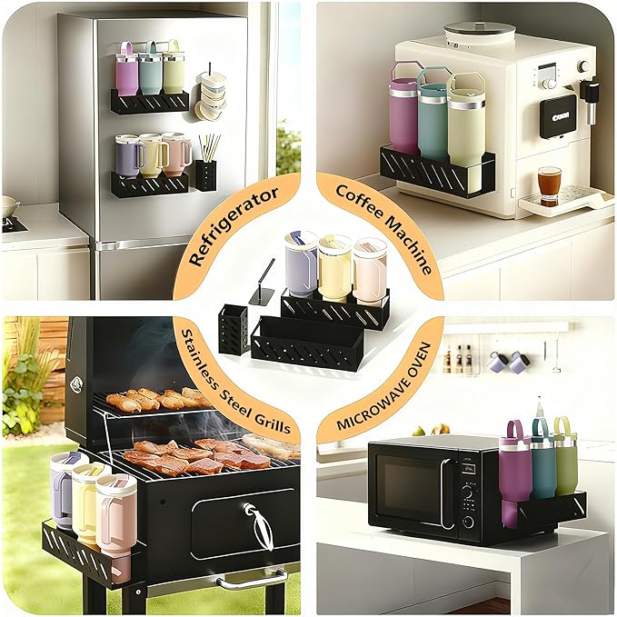 Magnetic Stanley Cup Organizer (2-Count) - Secure Fridge Mount for Full-Size 30/40 oz Tumblers with Lid & Straw Storage (6 Tumblers)