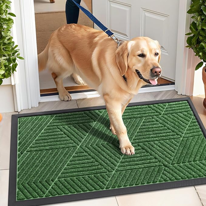 Kitinjoy Front Door Mat Outside Entrance, Sturdy Natural Dirt Trapper, Heavy Duty Rubber Doormat, Low Profile Non-Slip Backing, Easy Clean Floor Mat for Indoor Outdoor Entry, 47X32 Inch, Green