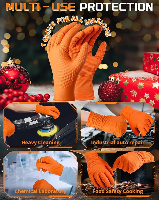 nitroshield 9mil Heavy Duty Disposable Nitrile Gloves,Orange Large 800Pcs -Chemical Resistant, Latex Powder Free Rubber Gloves Diamond Texture for Automotive, Mechanics, Cooking,BBQ, Industrial Use