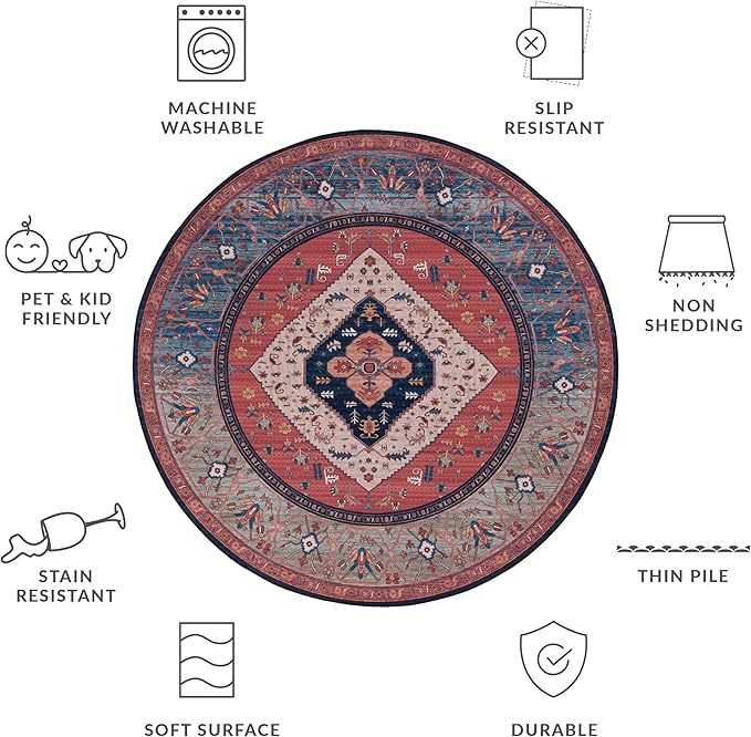 SAFAVIEH Washable Rug Tucson Collection - 8' Round, Rust & Blue, Slip Resistant & Easy to Clean, Ideal for Living Room, Bedroom, Dining Space (TSN153P)