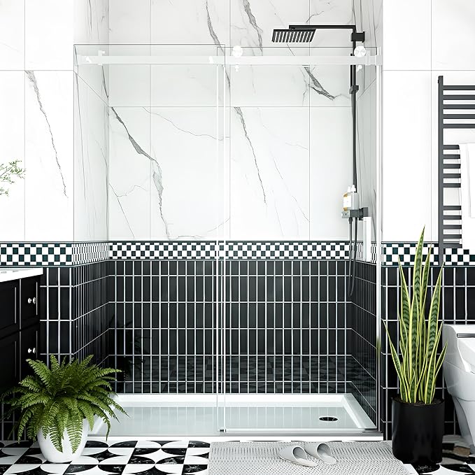 Sliding Shower Door 56–60 inch W× 76 inch H, Frameless Glass Shower Door with Square Stainless Steel Track and 55mm Rollers, 6mm Tempered Glass, Modern Sliding Shower Doors for Bathroom Remodeling