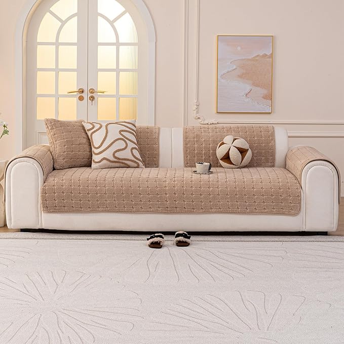 Velvet Sofa Covers Washable, Plush Warm Couch Cover for Single Seater Sofa, Funny Fuzzy Couch Covers for Pets&Kids, Non-Slip Sectional Sofa Cover(1PC, Khaki, 27.6"×27.6", Single Seater)