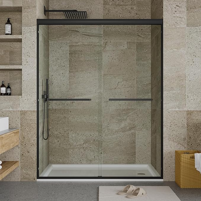 Shower Doors Glass Sliding 60 Inches, 56–60 inch W x 72 inch H Double Sliding Shower Doors, 8mmTempered Glass Sliding Shower Doors with Easy-Clean Coating, Smooth Rollers.Aluminum