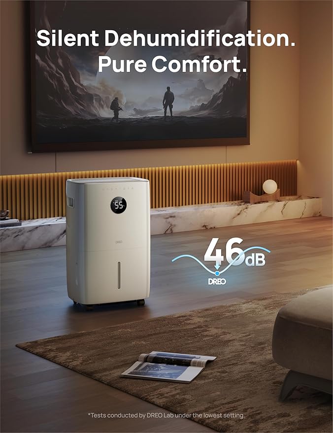 DREO 110-Pint Smart Dehumidifier for Basement, 4500 Ft² for Large Room, 2 Gallon Water Tank, Auto/Comfort/Constant Mode Dehumidifiers for Home, Bedroom, Bathroom, with Drain Hose, Starlight, 711S