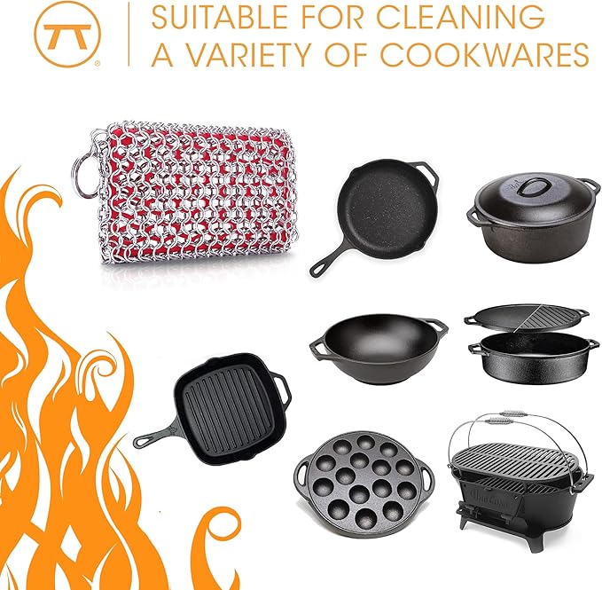 Outset Chain Mail Cast Iron Cleaner and Scrubber Tool with Silicone Support Pad