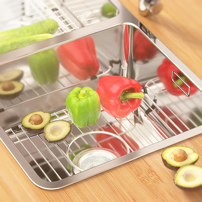 2 Pack Sink Grids,Sink Protectors for Kitchen Sink,Stainless Steel Sink Racks for Bottom of Sink,Metal Sink Grate with Strainers,Center Drain for Double Bowl with Corner Radius,11.5" x 13.8"