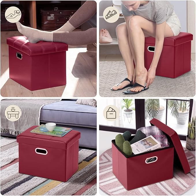 COSYLAND Storage Ottoman Foot Rest - 17x13x13in Leather Ottoman Rectangle Foot Stool Folding for Room Dorm Small Collapsible Bench Seat Organizer Entryway Furniture with Handles Lid Burgundy
