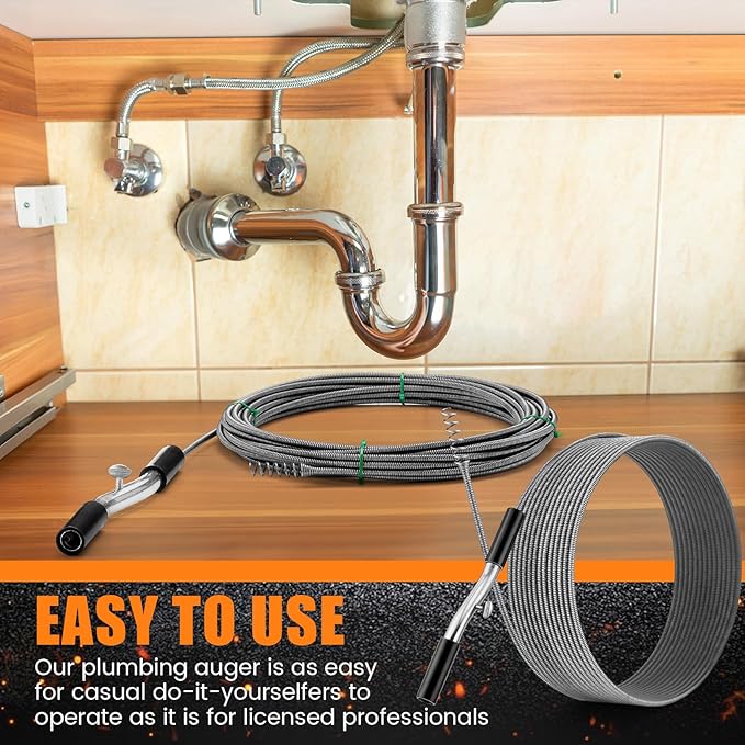 50 ft Drain Auger Plumbing Snake for Heavy Deep Blockages 1/4" Diameter Flexible Plumbing Cables Drain Snake for Kitchen Bathroom Shower Sink Cleaning Drainage Clogs