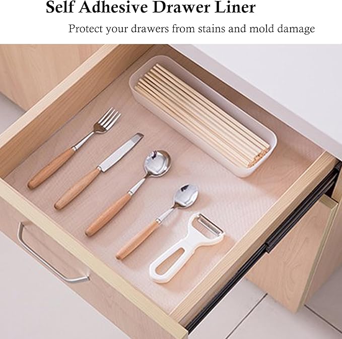 Shelf Liner with Adhesive Cabinet Drawer Liners Peel and Stick 12 in X 20 Ft Non-Slip Waterproof Kitchen Cupboard Drawer Mat for Pantry Shelves Closet Bathroom Refrigerator Liner Removable