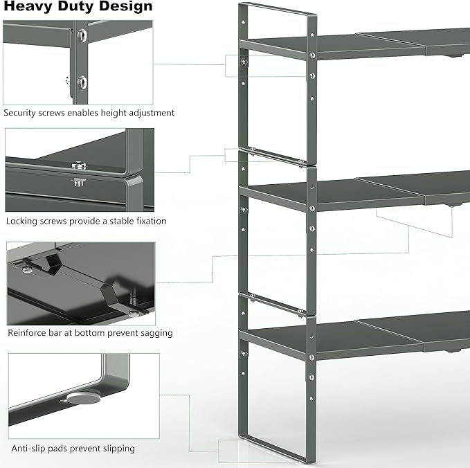Expandable Stackable Spice Rack Cabinet Shelf Organizer in Cabinets Shelves Kitchen Cupboard Organization Stack up Racks Pantry Countertop Storage (Gray, Large 2 Packs)