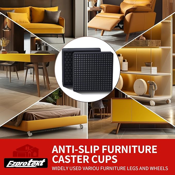 Ezprotekt Non Slip Furniture Pads, 8 Pcs 2.5" Anti Skid Rubber Furniture Caster Cups, Anti-Slip Furniture Coasters for Hardwood Floors, Anti Slide Floor Protectors for Bed Couch Stoppers (Black)