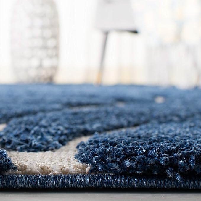 SAFAVIEH Florida Shag Collection Area Rug - 8' Square, Dark Blue & Cream, Scroll Design, Non-Shedding & Easy to Clean, High-Low Plush Pile, Ideal for Living Room, Bedroom, Dining Space (SG455-6511)