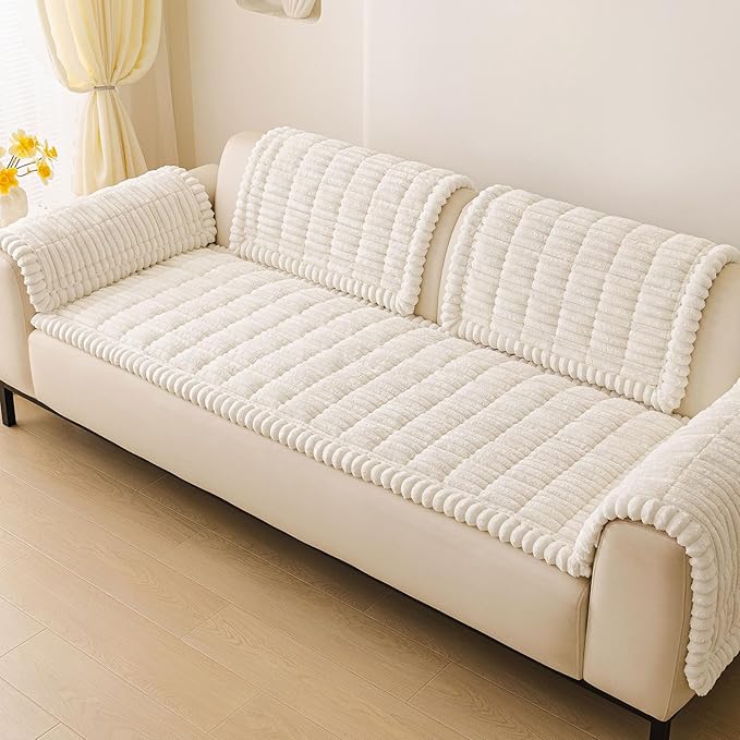 hyha Couch Covers for Dogs Washable, Non Slip Plush Dog Sofa Protectors, Fuzzy Pet Couch Covers for 3 Cushion Sofa Pet Friendly (White, 27.6" x 27.6")