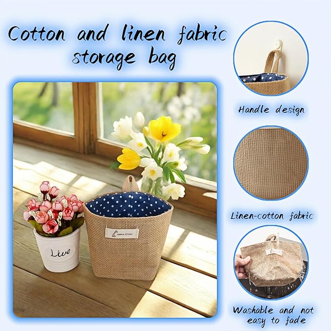 Machine Washable Hemp Cotton Hanging Organizer for Door, Wall & Bedside. Space Saving Storage Pockets, Heavy Duty 15lb Anti-Slip Design for Home & Office (Blue dot)