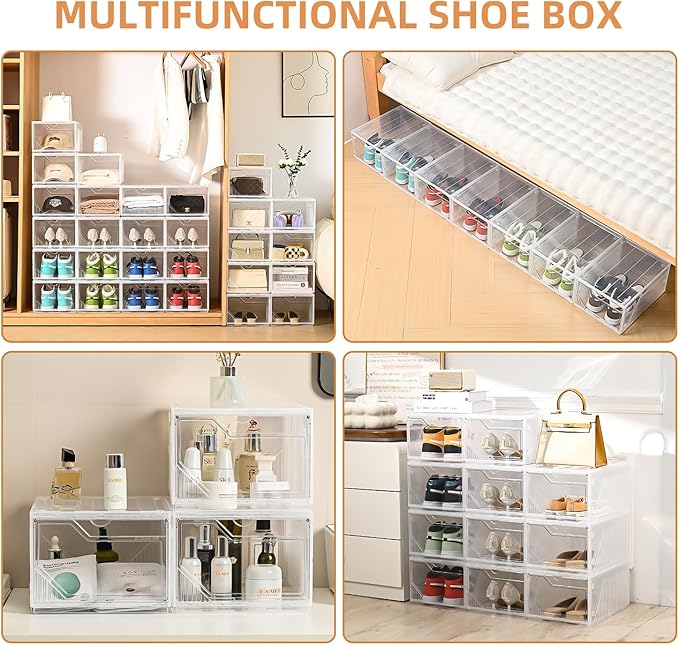 Large Shoe Boxes Clear Plastic Stackable,Drop Front Shoe Box with Clear Door, Shoe Containers For Sneaker Display,Fit up to US Size12 (white clear-Conjoined structure, 6 pack)