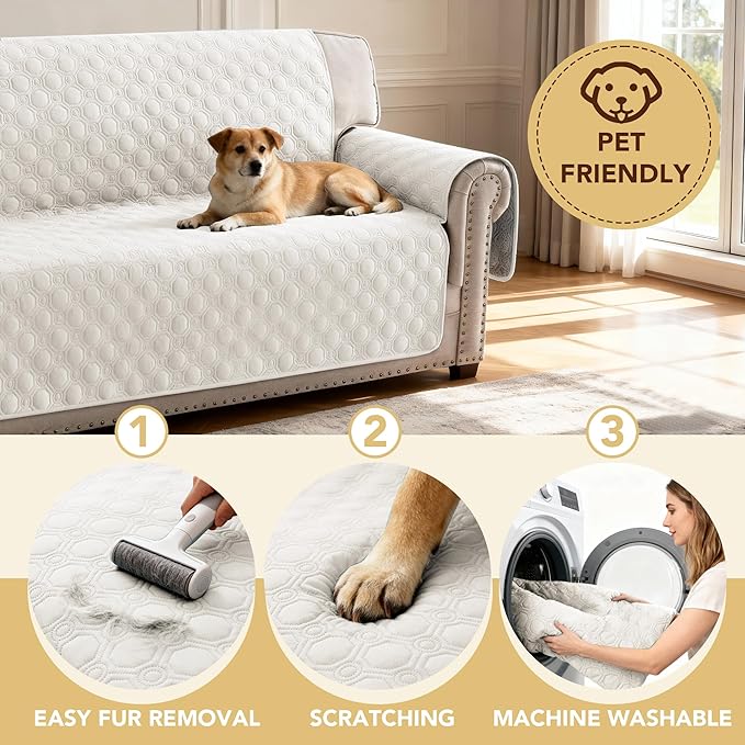 H.VERSAILTEX 100% Waterproof Chair Slip Cover Thick Durable Couch Covers for Dogs Triple Non-Slip Couch Protector Sofa Covers for Pets Washable(Chair, Beige)
