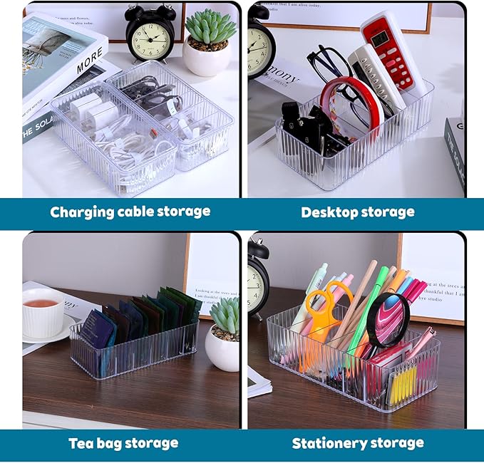 4 Pcs Cord Organizer Box, 8 x 4 x 2 Inch Small Clear Plastic Cable Organizer Box with Lid 6 Compartments Cord Boxs for Home, Office, Desktop Organization