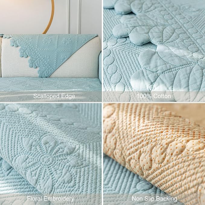 Cotton Quilted Dog Couch Cover for Sofa Farmhouse Rustic Embroidery Sectional Couch Cover Soft Anti-Slip Sofa Slipcover Furniture Protector for Kids, Pets (Blue,36"x63")