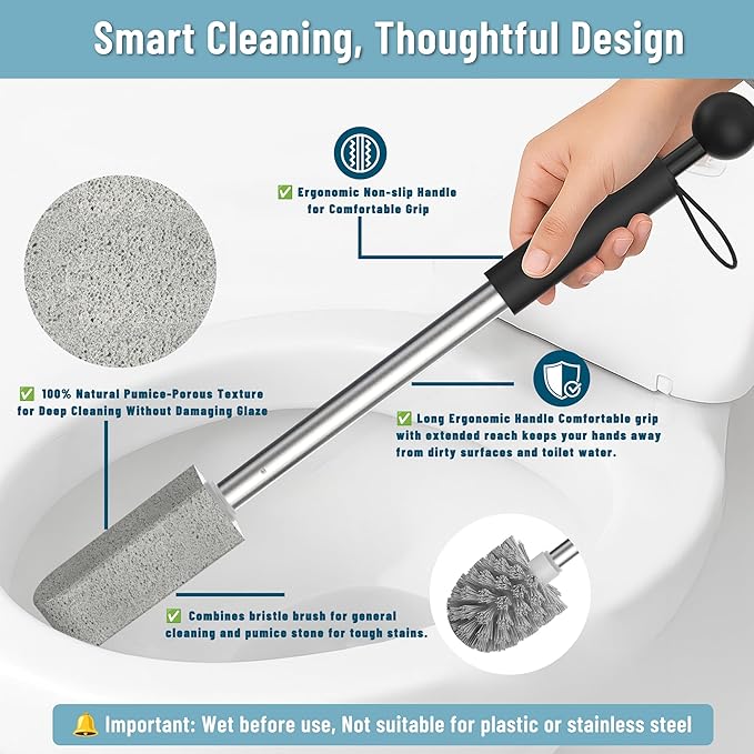 Toilet Bowl Cleaner Brush and Holder Set, Pumice Stone with Handle for Cleaning, 16.14 Inch Hard Water Stain Remover with 2 Different Types of Scrubbing Brushes, Wall Mounted Scouring Stick Household