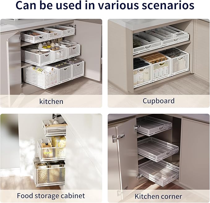 Pull Out Cabinet Organizer, No Drill Adhesive Sliding Drawers for Kitchen, Metal Mesh Wire Storage Shelf for Pantry & Under Sink, White (9.6" W x 11.8" D x 6.1" H)