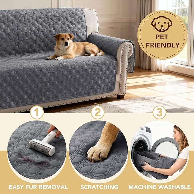 H.VERSAILTEX 100% Waterproof Sofa Covers for 2 Cushion Couch Triple Non-Slip Loveseat Covers with Storage Pocket Washable Couch Protector for Dogs(Loveseat, Grey)