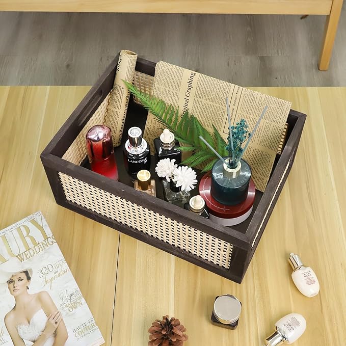 Bamboo Storage Basket, Wicker Storage Basket for Organizing, Wood Crate. (Brown-Large)