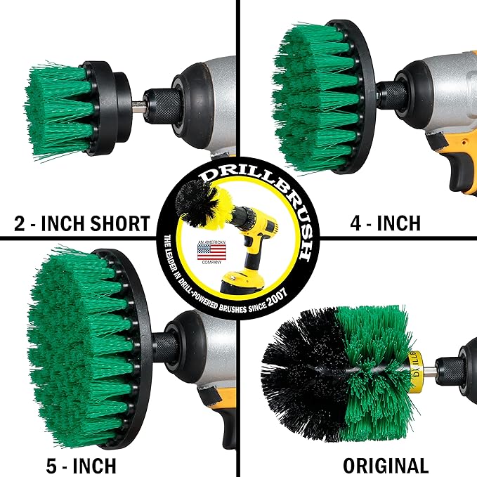 Drillbrush Variety & Medium Stiffness Green Kitchen Cleaning Kit - 7 Brushes & 3 Pads - Tile, Grout, Bathtub, Sinks & More - Nylon Bristles & Pads - 90 Day No Questions Asked Return