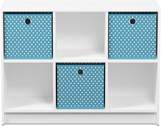 Furinno BASIC Book Shelf, 6-Cube Bookshelf with Open Shelf, 3 x 2 Bookcase with Storage Bins, Closed Back, Horizontal, 11.9" x 31.6" x 23.6", for Living Room, Bedroom, Home Office, White/Light Blue