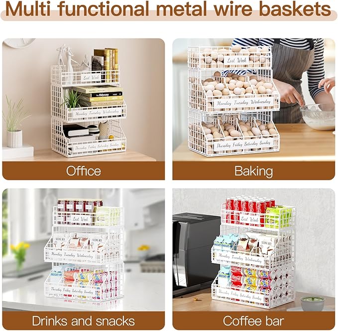 Egg Holder Countertop with 5 Dividers & Labels, 3 Tier Stackable Chicken Egg Baskets for Gathering Fresh Eggs, Egg Holder for Egg Storage, Wall-Mounted, White