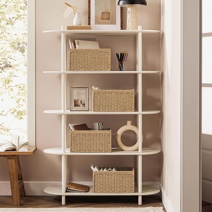 joybest Shelf Storage Wicker Baskets, 4-Pack Woven Paper Rope Baskets for Organizing, Foldable Rectangular Bin with Handles for Pantry, 13.4L x 8.3W x 7.1H Inch, Natural