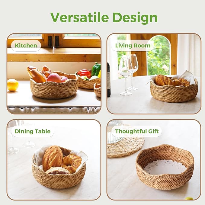Bread Basket for Serving, Rattan Basket Bowl for Kitchen Counter, Natural Rattan Tray Wicker Baskets for Organizing, Decorative Bowl Bread Basket for Kitchen Counter Wicker Decor L 