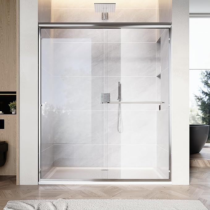 SUNNY SHOWER 60 in.W x 72 in.H Glass Shower Door, Semi Frameless Double Sliding Shower Door, 1/4" Clear Glass, Chrome Finish