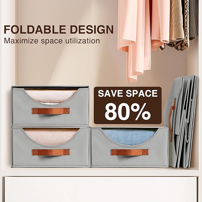 Large Closet Organizers - Closet Storage Drawers for Clothes, Fabric Sotrage Bins with Handle, Collapsible Organizer Bins for Bedroom, Living Room, 4 Pack, Gray