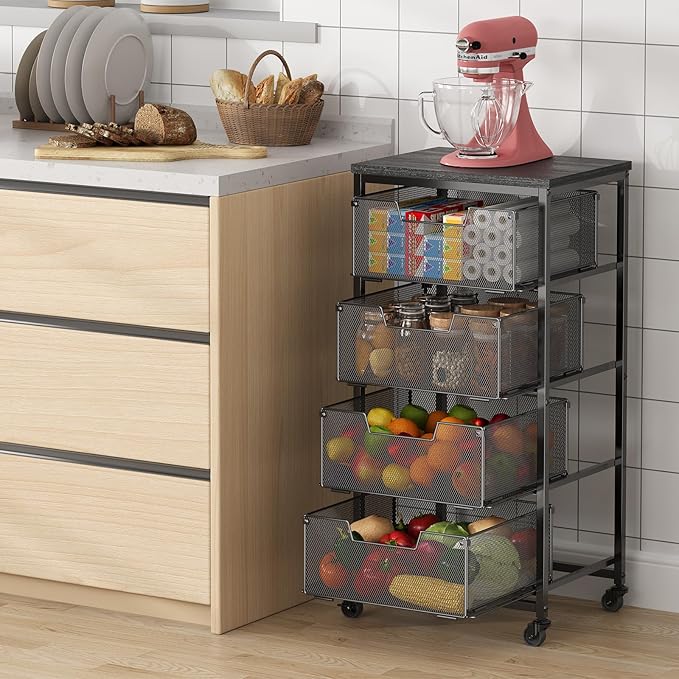 4-Tier Fruit Vegetable Storage Cart with Wheels, Wooden Top, Metal Wire Pull-Out Baskets for Kitchen Pantry, Cans and Snacks Organizer