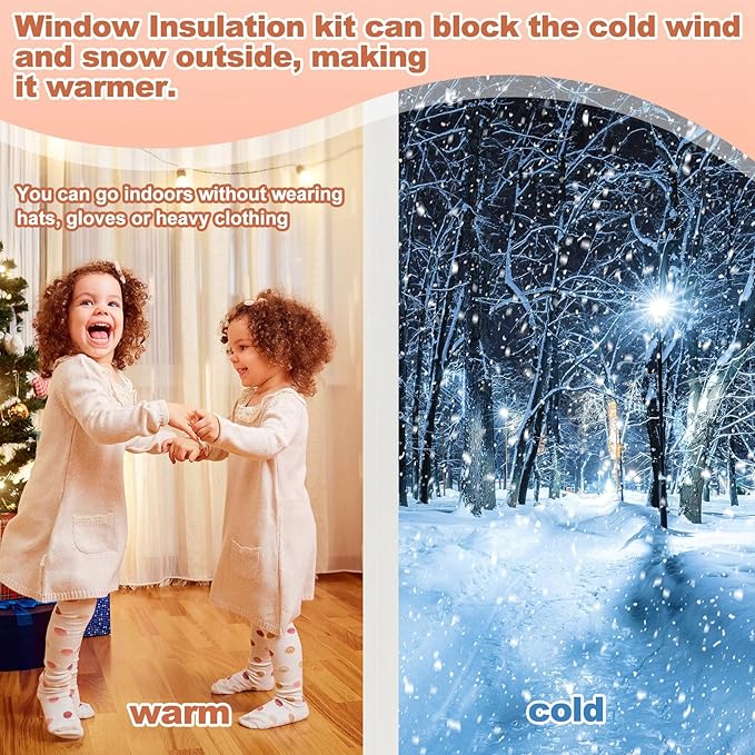 63 Inch x 10 ft Window Insulation Kit Cuttable Transparent Film with Adhesive Straps Reusable Window Plastic for Winterizing Thicken Thermal Waterproof Attic Insulation Cover Warm Winter