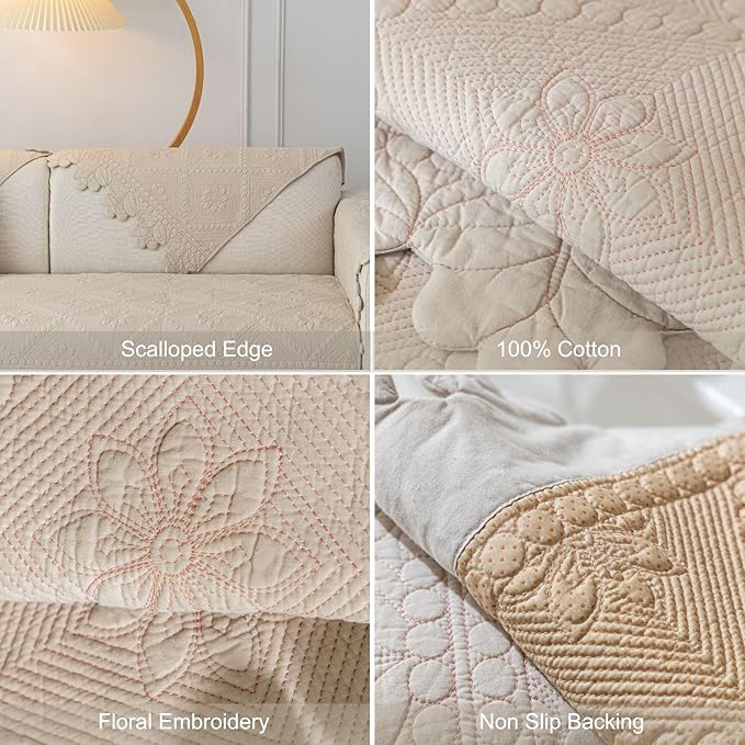 Cotton Quilted Dog Couch Cover for Sofa Farmhouse Rustic Embroidery Sectional Couch Cover Soft Anti-Slip Sofa Slipcover Furniture Protector for Kids, Pets (Khaki,43"x63")