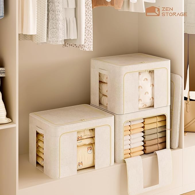 3Pack 60L Large Cloth Storage Bins with Metal Frame, Linen Storage Box with Clear Window, Stackable Sweater Storage for Closet, Clothes Containers for Comforters, Blankets, Quilts, T-shirt