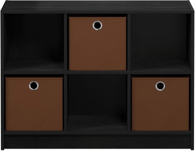 Furinno BASIC Book Shelf, 6-Cube Bookshelf with Open Shelf, 3 x 2 Bookcase with Storage Bins, Closed Back, Horizontal, 11.9" x 31.6" x 23.6", for Living Room, Bedroom, Home Office, Americano