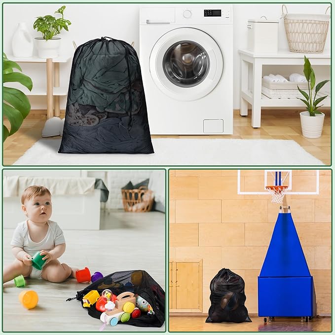 2 Pack Mesh Laundry Bags,Machine Washable Dirty Clothes Organizer with Drawstring and ID Tag, Large Laundry Hamper Liner Enough to Laundry Essentials for Travel, Sports(28" x 40",Black+White)