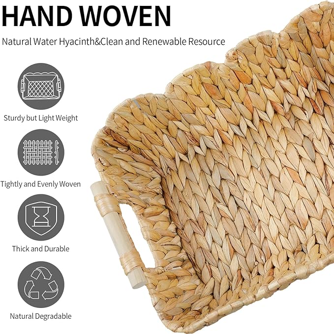 Small Wicker Basket 2 Pack,Scalloped Basket for Organizing and Decor,Natural Water Hyacinth Storage Baskets with Wooden Handles for Gifts,Snack,Shelves