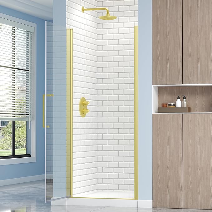 Frameless Pivot Shower Door 32.8-34" W X 72" H, 1/4" (6mm) Clear SGCC Tempered Glass, Hinged Pivot Swing Shower Door, Reversible Installation, Easy to Clean, Brushed Gold