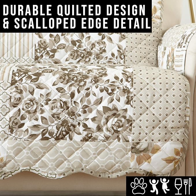 Great Bay Home Reversible Patchwork Chair Cover - Washable Slipcover Furniture Protector with Elastic Straps - Chair Cover for Dogs, Kids, and Pets - Box-Stitched Detail (Chair, Taupe)