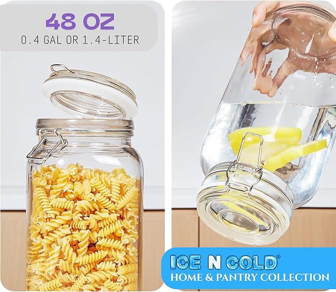 Airtight Glass Storage Jars with Clamp Lid – Food Storage Containers with Rubber Gasket Seal – Pantry & Kitchen Canisters for Dry Goods, Coffee, Sugar, Pasta – 0.4L to 4L Sizes (4, 48oz | 1.4L)
