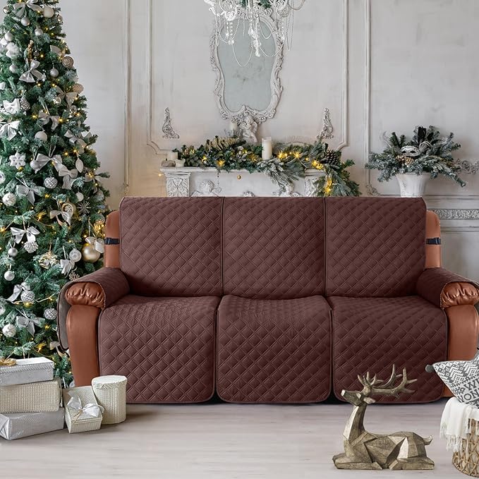 Ruaozz Waterproof Recliner Sofa Covers, 1-Piece Couch Covers for Reclining Couches Reclining Couch Cover Washable Furniture Protector with Elastic Straps Pocket for Kids Pets (Coffee, 3 Seater)