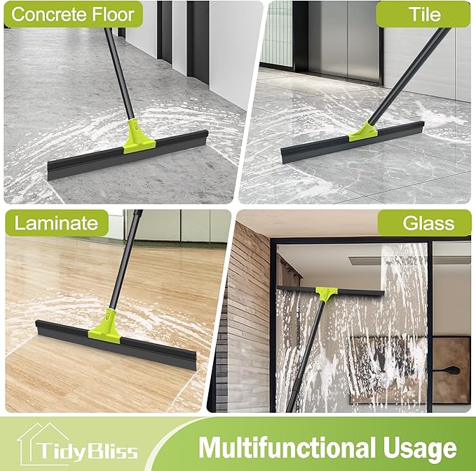 Floor Squeegee Heavy Duty, 24” Rubber Foam Water Scraper Broom, Epoxy Wiper Mop with 62 inches Long Handle for Cleaning Concrete Pool Rug Garage Deck Shower Window Outdoor Indoor (Green)