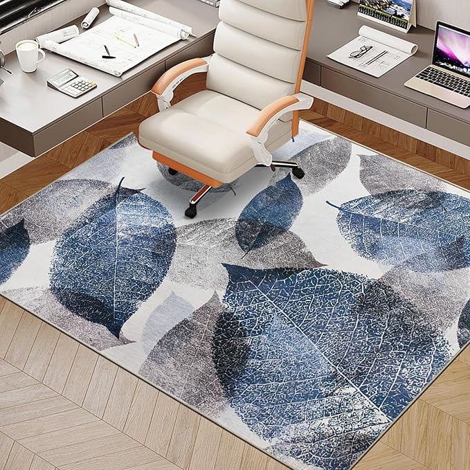 Office Chair Mat for Hardwood Floor & Low-Pile Carpet,60“*48”Highly Premium Quality Under Desk Mat, Desk Chair Mat for Carpet - 3.86lbs Anti-Slip Carpet Chair Mats Blue Leaf