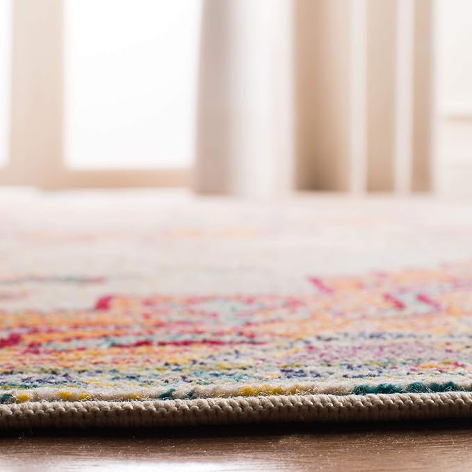 SAFAVIEH Crystal Collection Area Rug - 7' Round, Light Blue & Fuchsia, Medallion Distressed Design, Non-Shedding & Easy Care, Ideal for High Traffic Areas in Living Room, Bedroom (CRS501B)