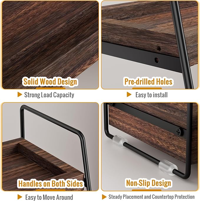 2 Tier Bathroom Counter Organizer Wood - Tiered Bathroom Countertop Shelf with Drawer, Removable Basket & 2 Hooks, Makeup Vanity Organizer for Skincare Perfume Toiletries, 13'' Rustic