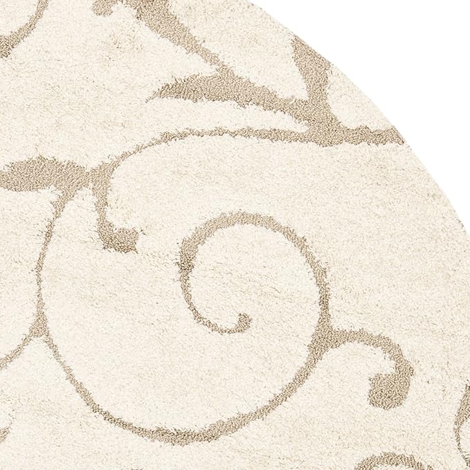 SAFAVIEH Florida Shag Collection Area Rug - 4' Round, Cream & Beige, Scroll Design, Non-Shedding & Easy to Clean, High-Low Plush Pile, Ideal for Living Room, Bedroom, Dining Space (SG455-1113)